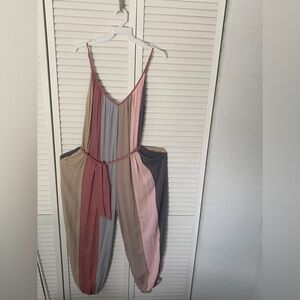 Storia Striped Belted Rayon Jumpsuit, Dusty Rose/Blue/Tan/Pink, Size Medium